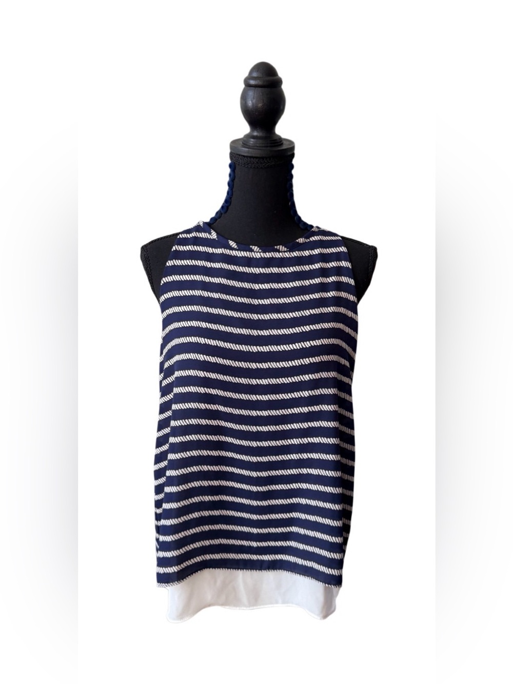 St. Tropez West Navy Blue and White Patterned Top with Split Back Overlay